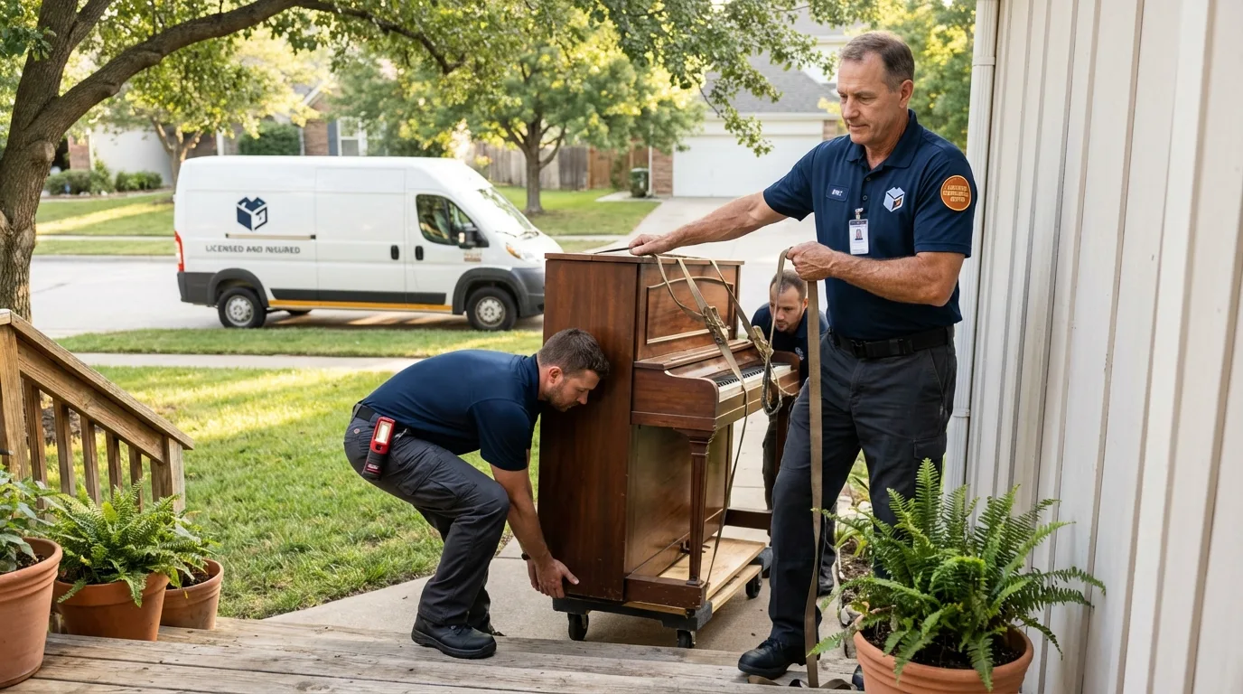 Licensed piano movers securing grand piano in Carrollton, AL