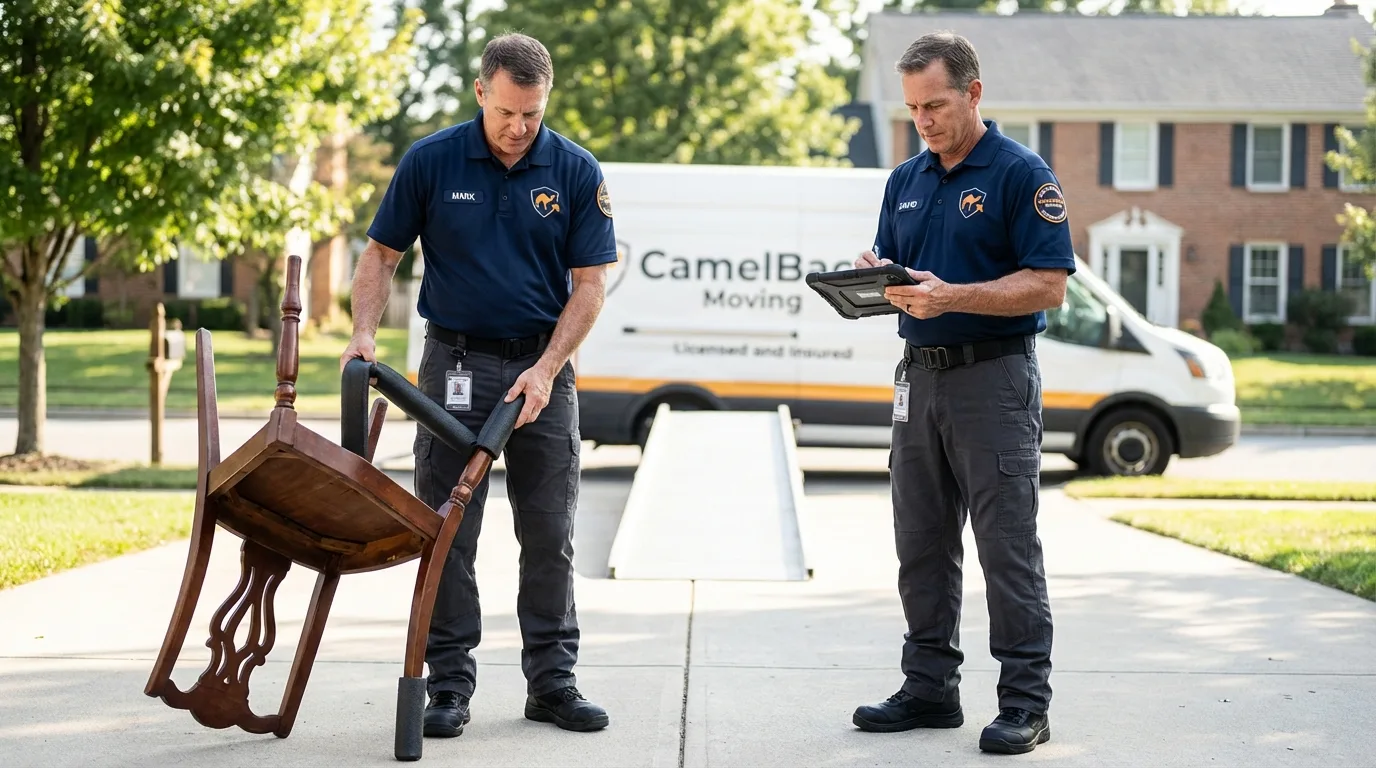 Movers inspecting furniture for damage prevention before loading in Carrollton, AL