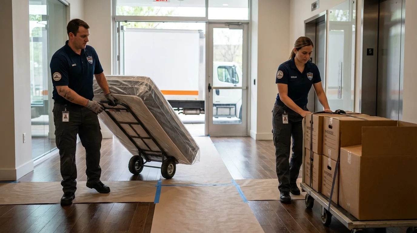 Professional apartment movers loading elevator in Carrollton, AL