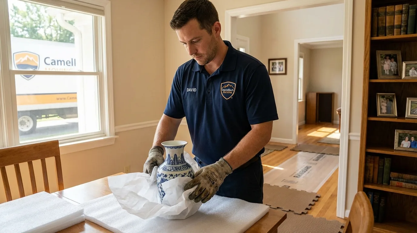 Professional crew carefully wrapping antique vase for senior downsizing move in Carrollton, AL